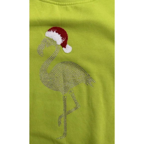 Christmas Flamingo Crew Neck Sweatshirt Women’s Size Small Lime Green Santa Hat - Picture 2 of 6